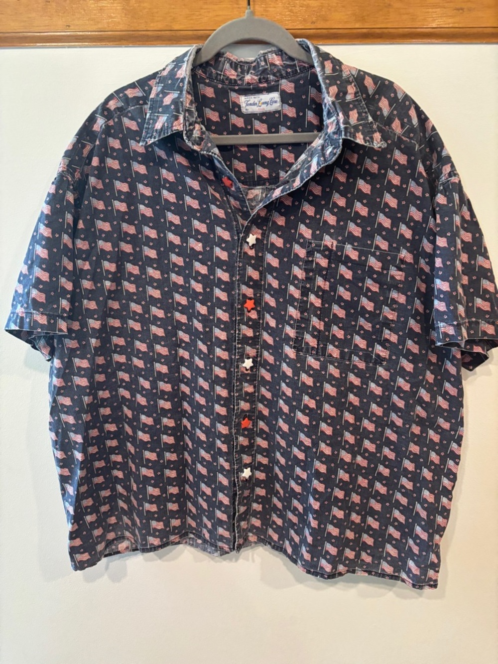 One-of-a-kind Handmade Men’s American Flag Fourth of July Button Down Polo Shirt